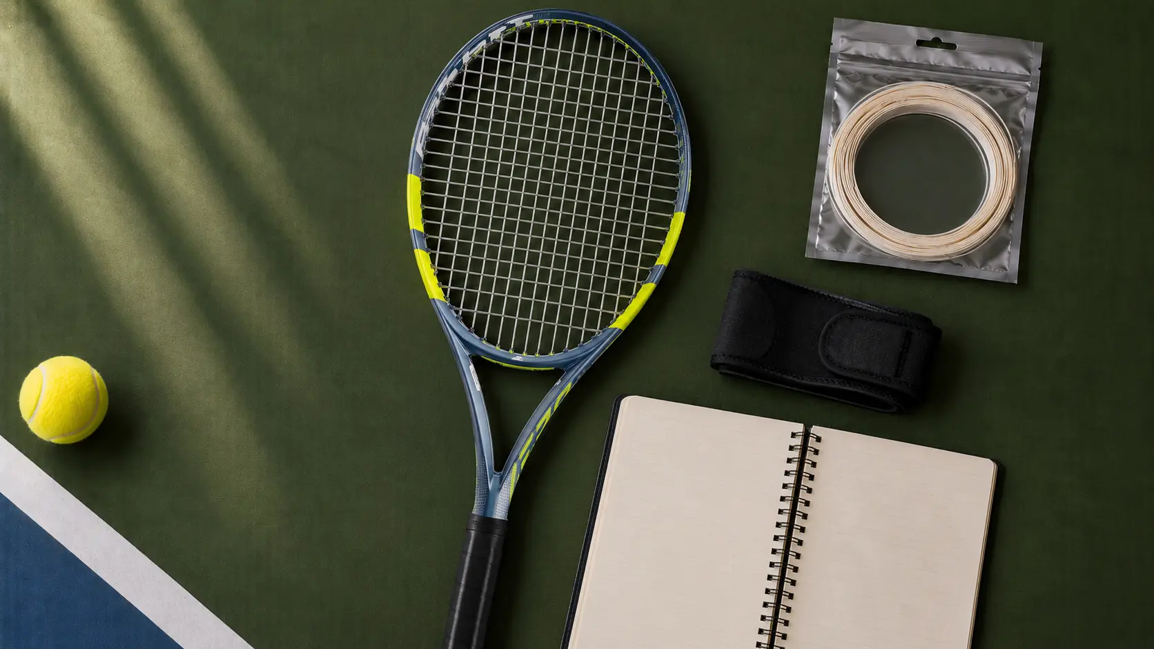 Raqueta de tenis, cuerda multifilamento y accesorios de cuidado del brazo sobre una mesa de encordado