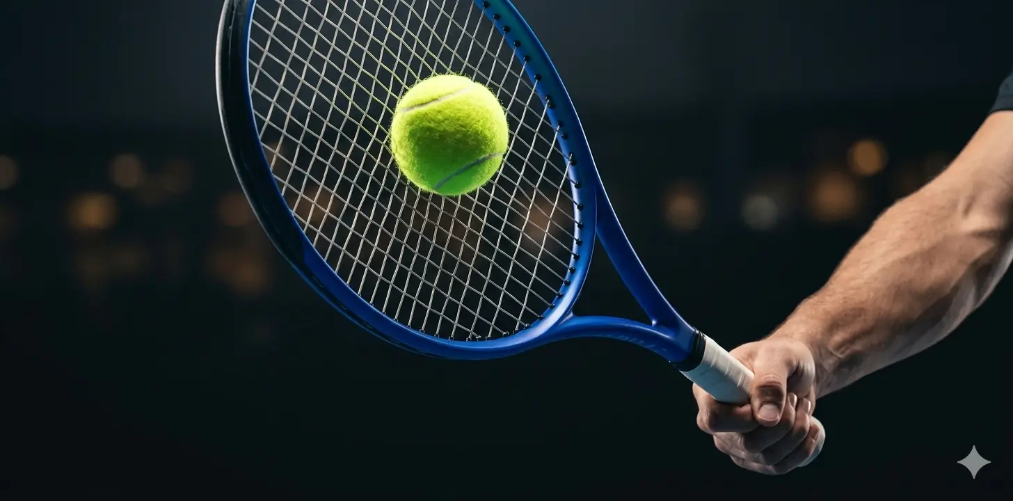 Raqueta de tenis en el momento de impacto con la pelota, mostrando la transmisión de vibración y shock al brazo del jugador