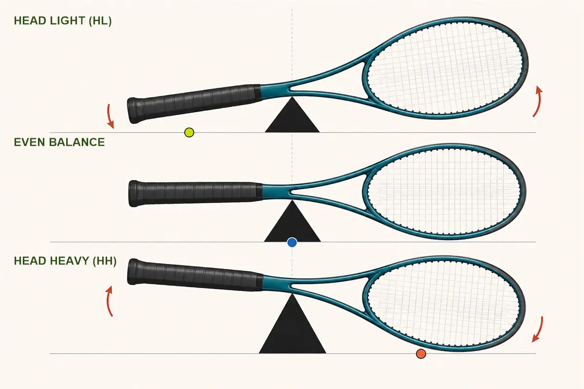 Tres raquetas de tenis idénticas comparan puntos de balance hacia el mango, al centro y hacia la cabeza