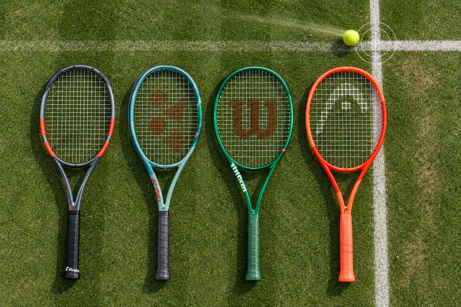 Babolat Pure Strike, Yonex Percept, Wilson Blade and Head Radical rackets lined up on a grass court beside a ball and precision target