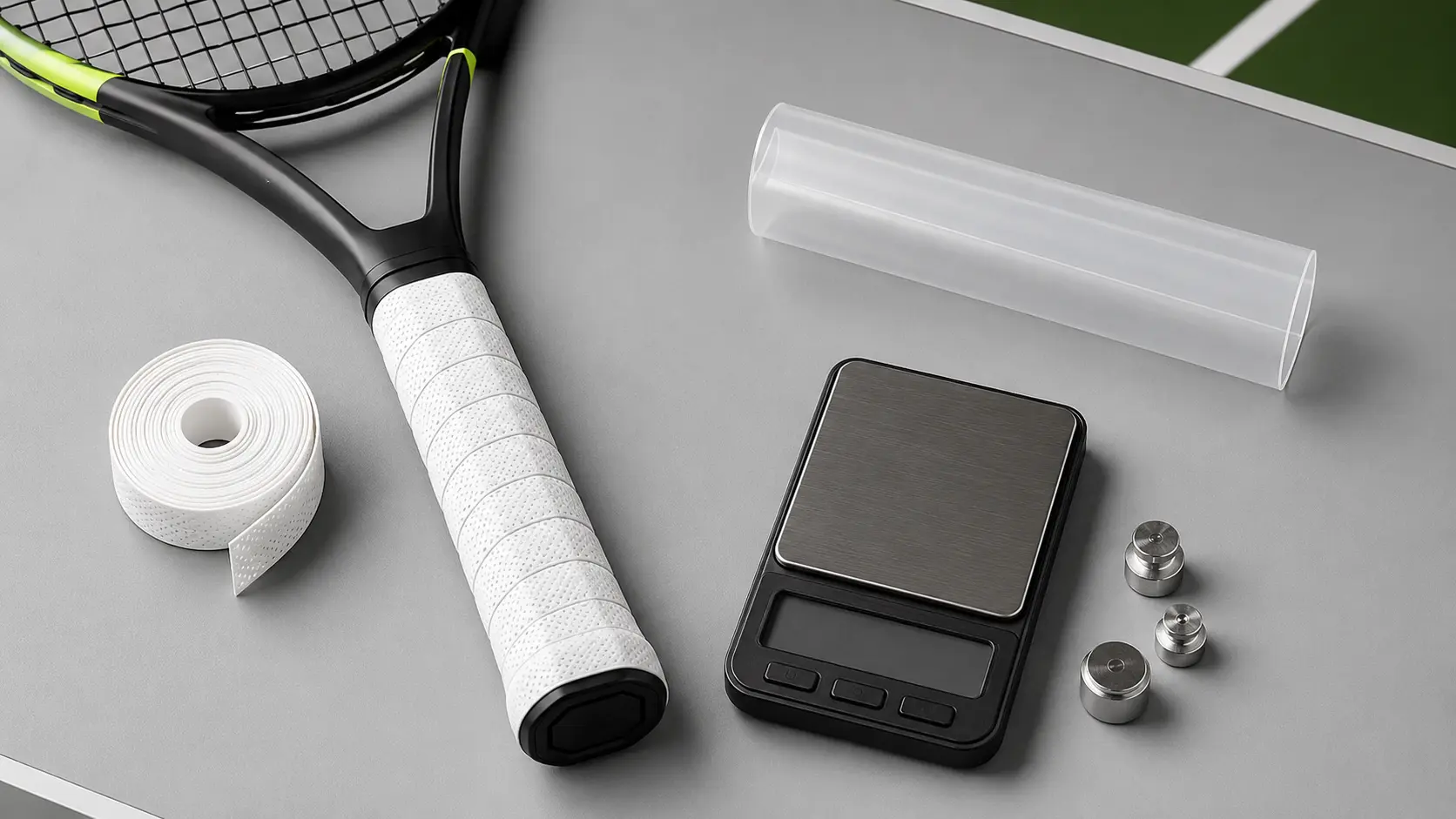 Raqueta de tenis con overgrip, báscula de precisión, pesas y tubo termocontraíble para personalizar el mango