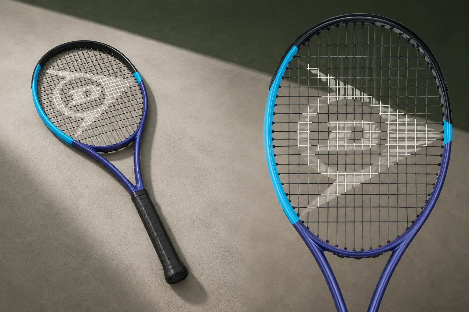 Illustration of a purple, cyan and black Dunlop FX 500 Tour, showing the full racket and a close-up of the hoop.