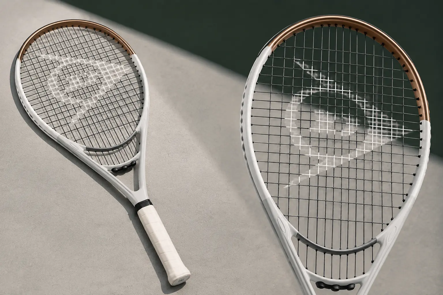 Illustration of a white and bronze Dunlop LX 1000, showing the full racket and a close-up of its oversize hoop.