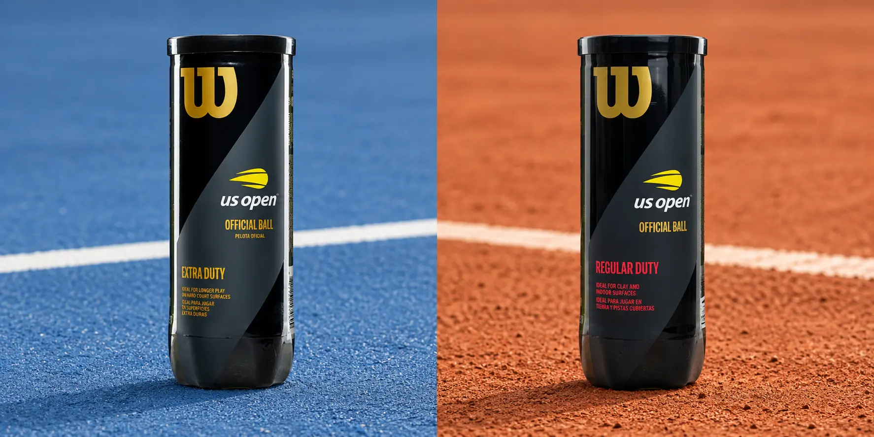 Wilson US Open Extra Duty can on a blue hard court beside a Regular Duty can on clay