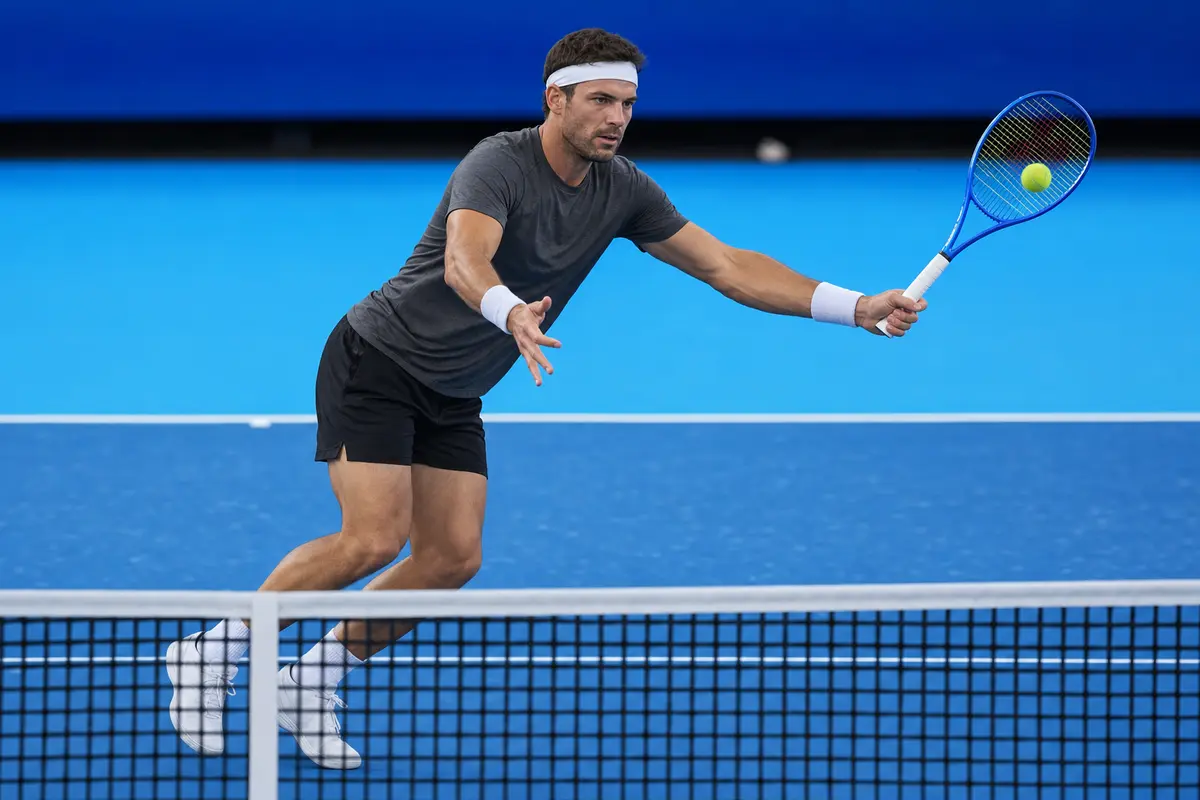 Jugador golpea una derecha defensiva abierta con una Yonex EZONE 100 hacia una zona profunda de la pista.