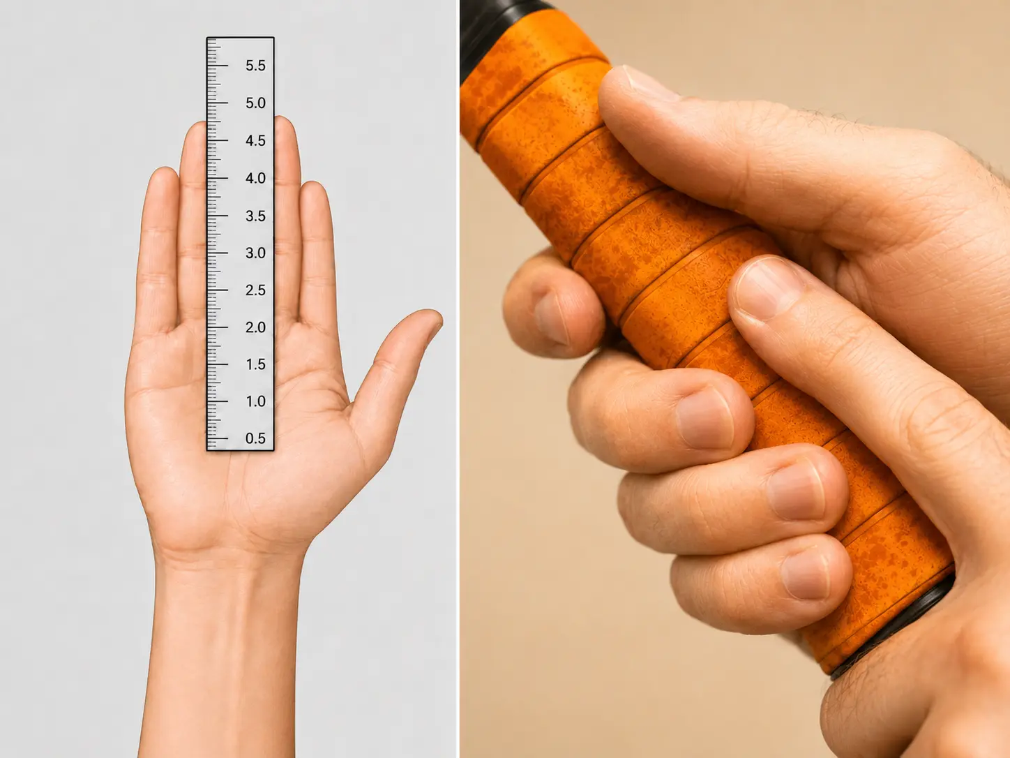 Mano abierta con una regla desde el pliegue de la palma hasta el dedo anular junto a una raqueta usada para comprobar el espacio del dedo índice