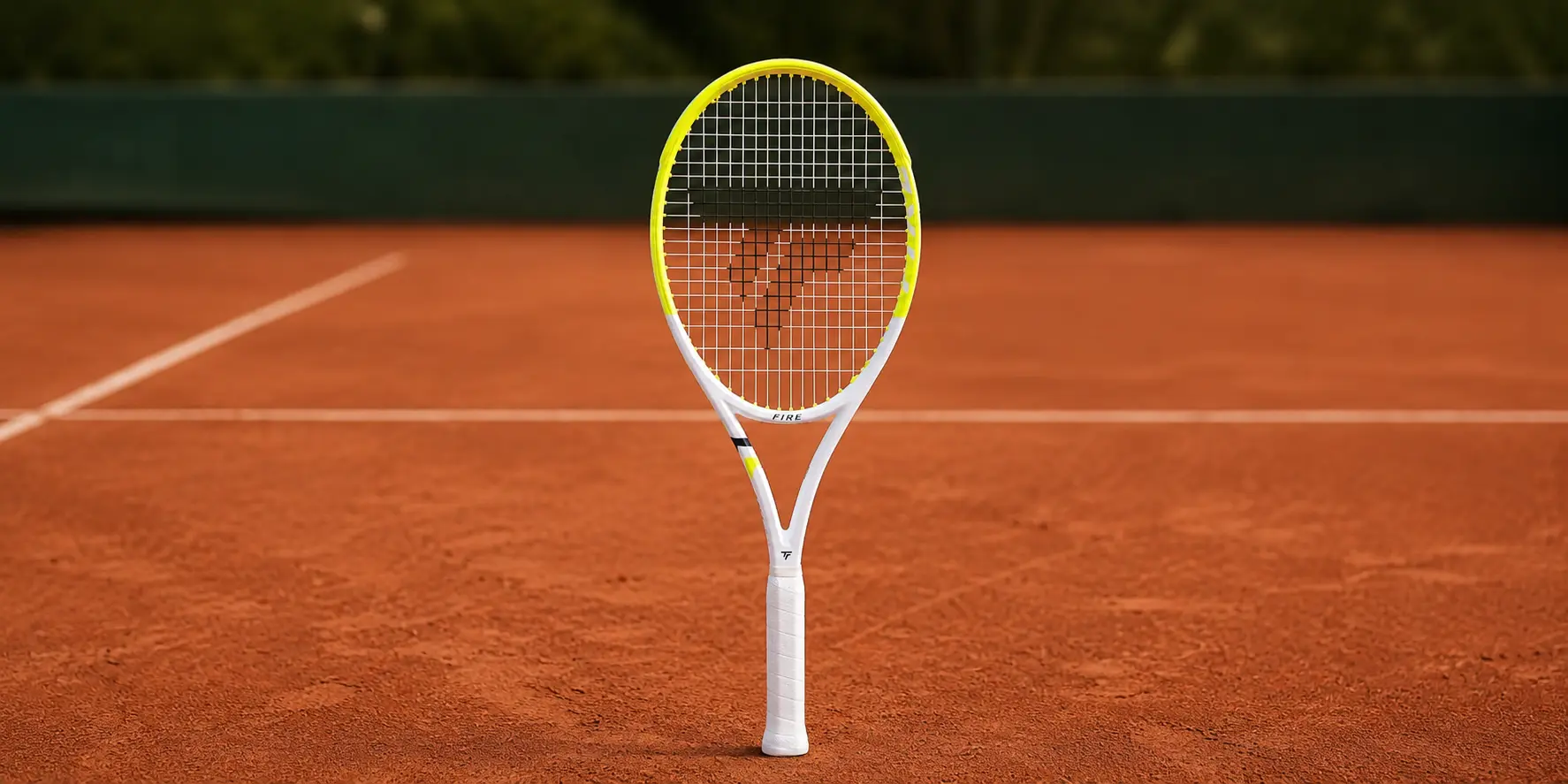 Tecnifibre Fire racket centred on a clay tennis court