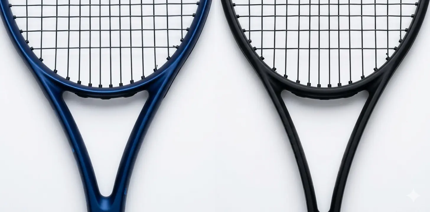 Comparación de grosor de marco entre una raqueta de potencia (marco grueso ~26mm) y una raqueta de control (marco delgado ~21mm) vista desde arriba