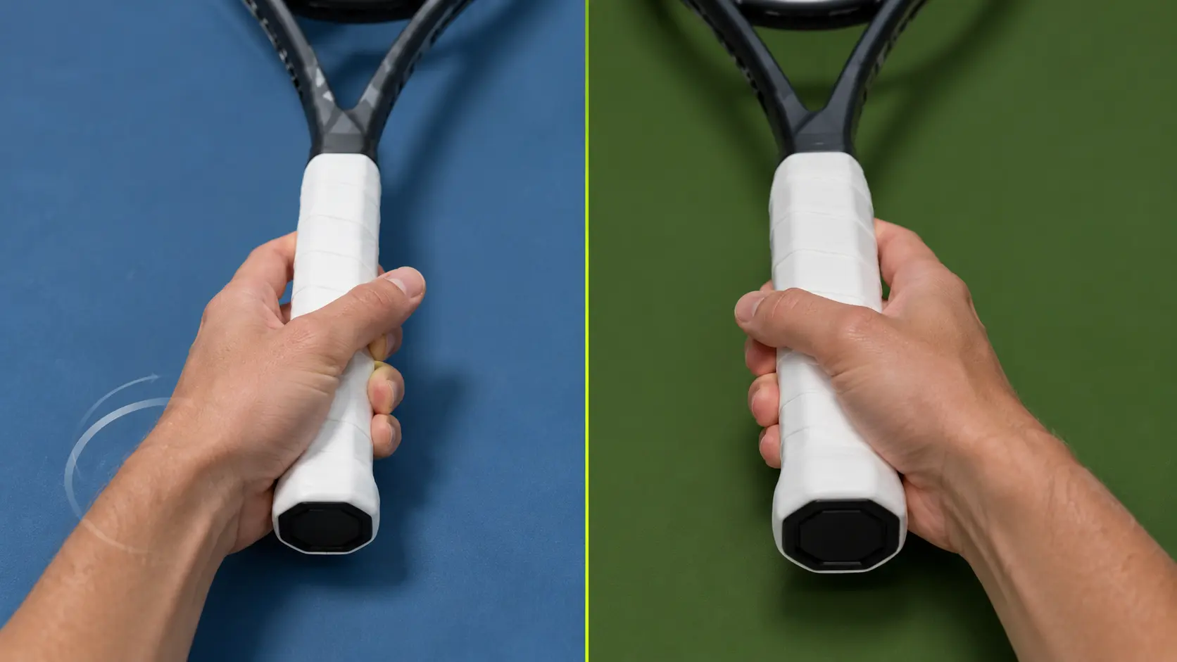 Comparación visual de una mano sujetando una raqueta con grip más pequeño y otra con grip más grande