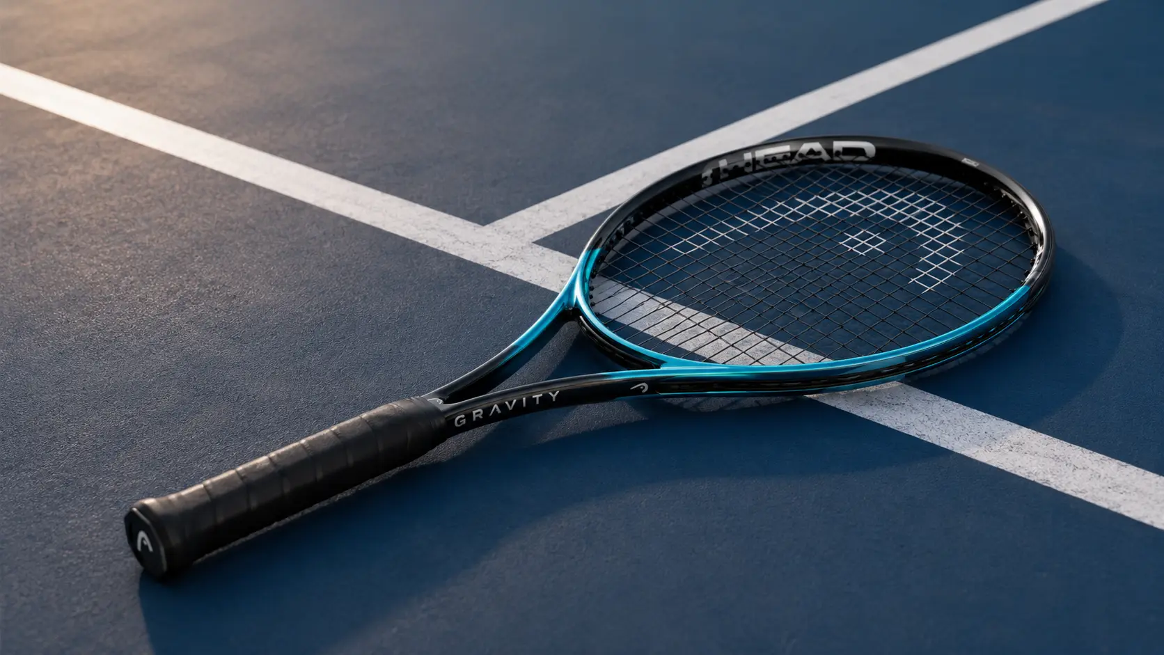 Raqueta Head Gravity sobre una cancha de tenis, representando control con sweet spot amplio