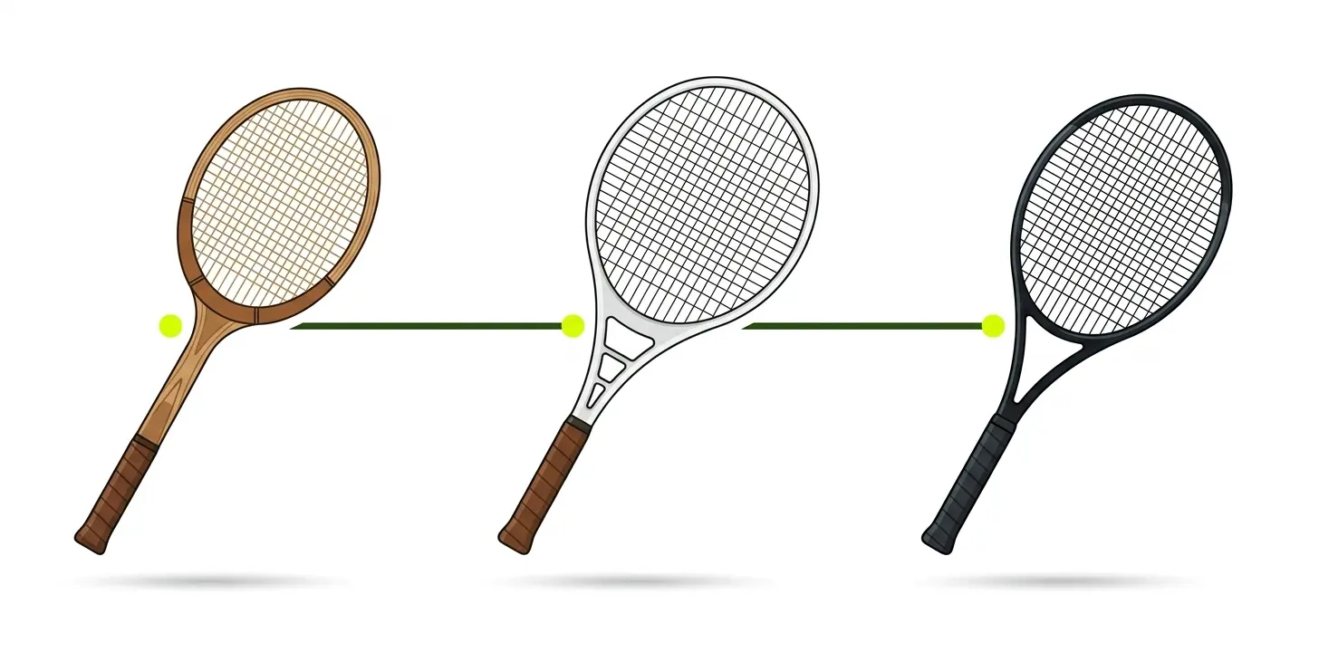 Línea temporal de la evolución del tamaño de cabeza de raqueta: era de madera (~65 pulgadas), Prince Classic 1976 (110 pulgadas), era moderna (95-110 pulgadas)