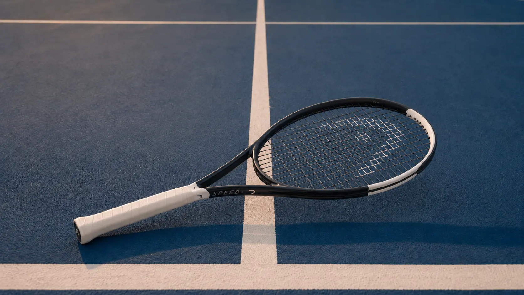 Raqueta Head Speed sobre una cancha de tenis, representando la línea equilibrada para potencia, control y velocidad