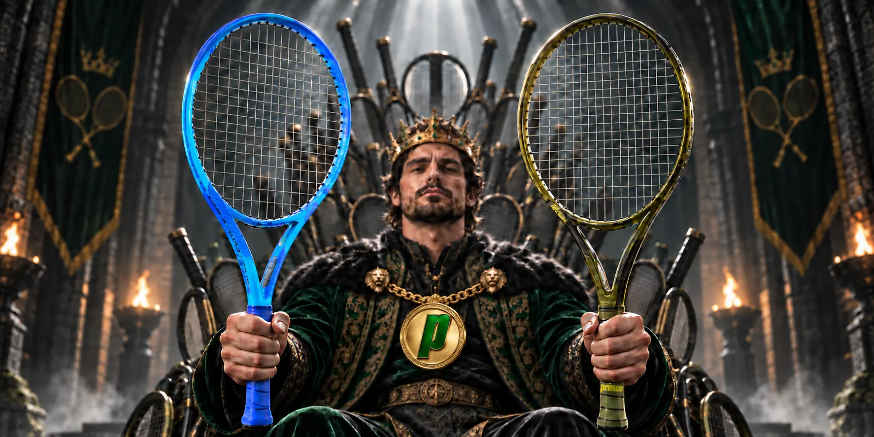 Illustration of a crowned man on a throne made of rackets, holding a blue racket and a gold racket