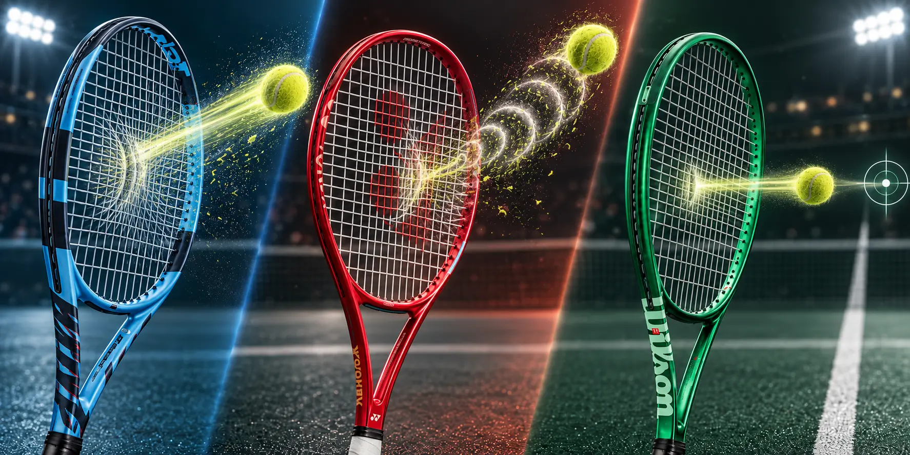 Three panels showing blue, red, and green rackets with straight and curved ball trajectories