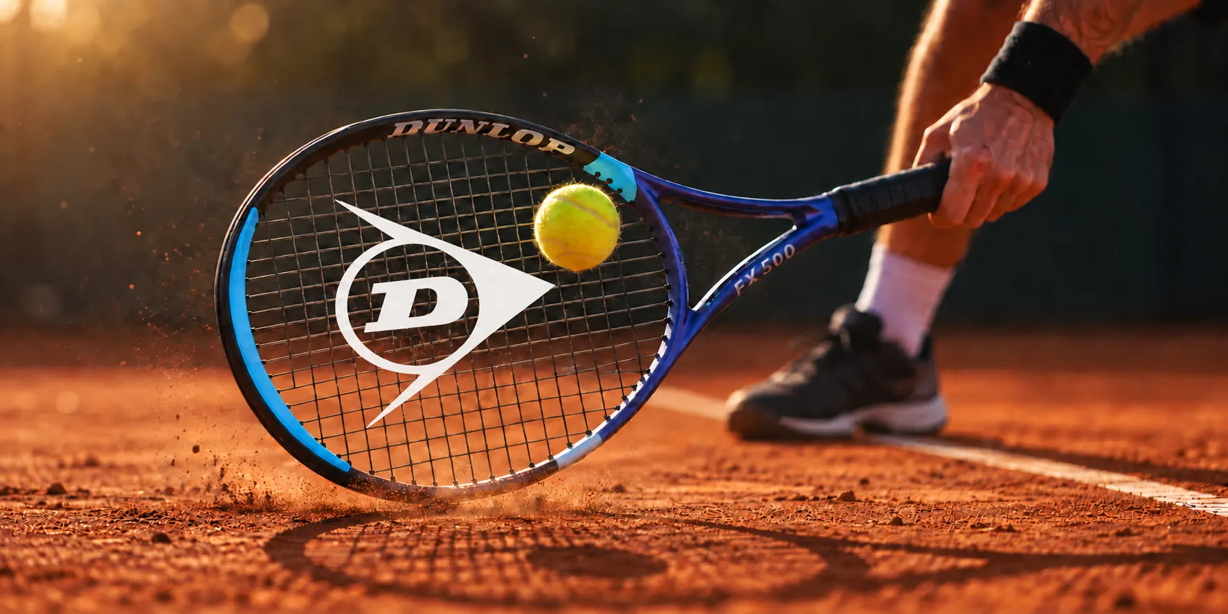 Close-up of a blue Dunlop racket striking a ball over a clay court