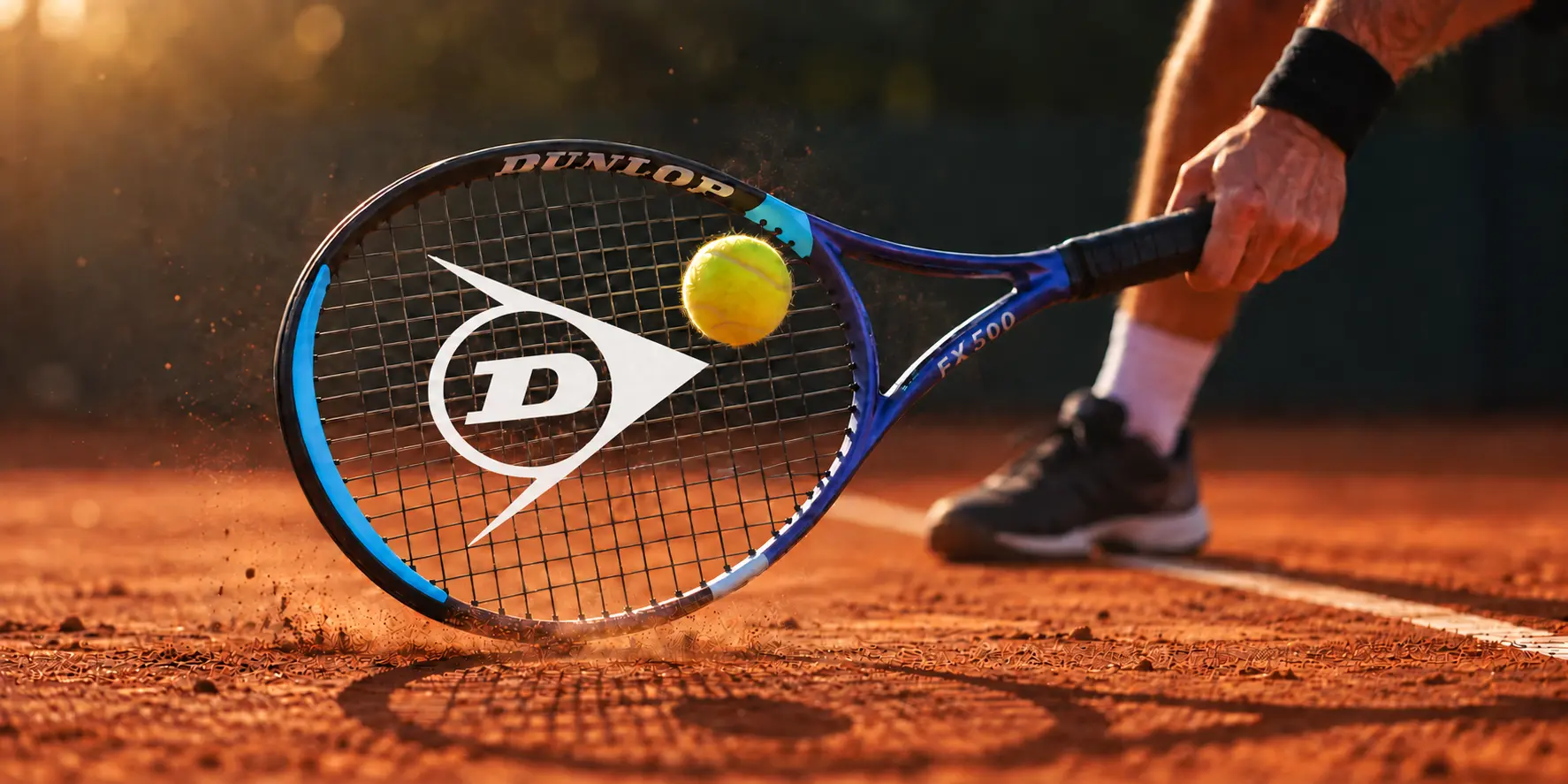 Close-up of a blue Dunlop racket striking a ball over a clay court