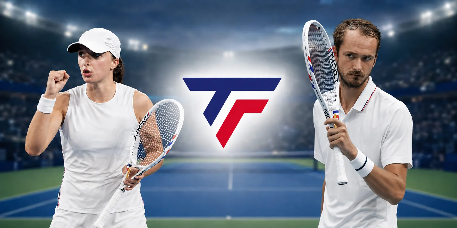 Two tennis players dressed in white hold rackets on either side of the Tecnifibre logo in a stadium