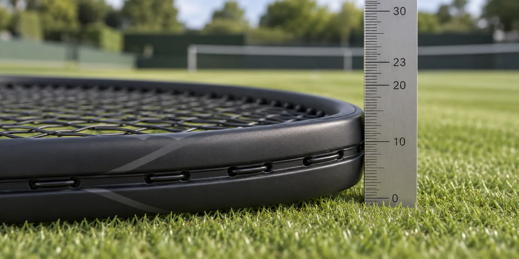 Side view of a racket frame on grass beside a vertical ruler for comparing its thickness