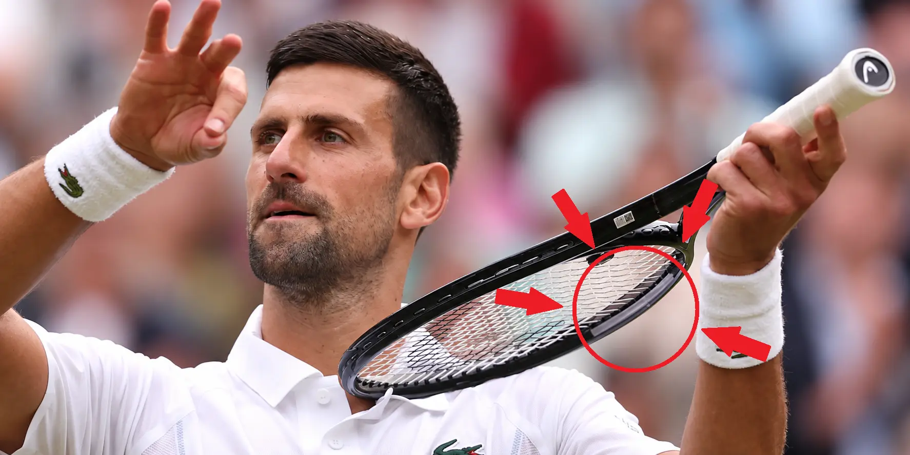 Novak Djokovic holds a racket with red arrows pointing to weight strips inside the frame