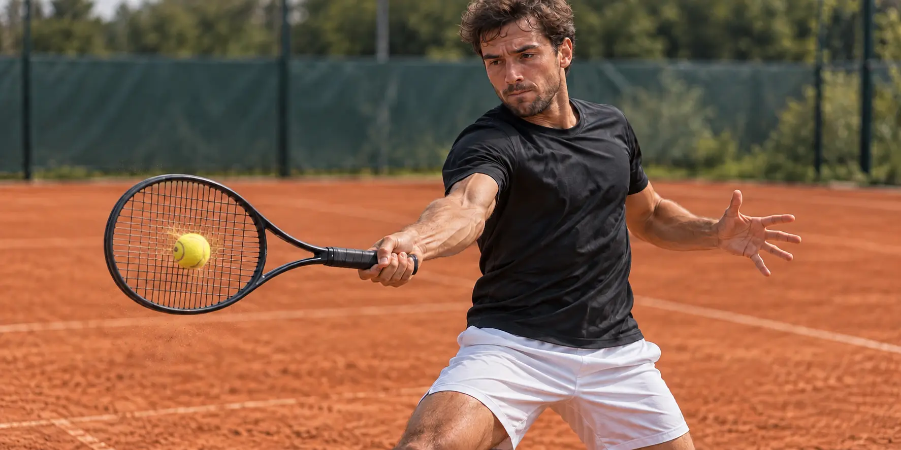 Tennis player in a black shirt and white shorts hitting a forehand on a clay court as the ball meets the stringbed