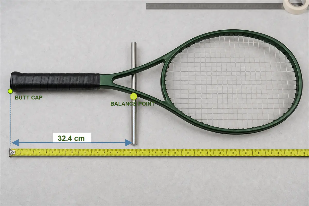 Raqueta de tenis nivelada sobre un apoyo fino con una medición de 32,4 cm desde la base del mango hasta el punto de equilibrio