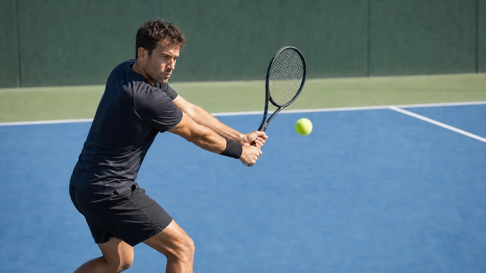 Jugador de tenis preparando una devolución de revés a dos manos en pista dura