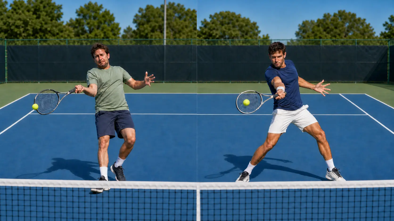 Comparación entre un tenista que golpea la pelota con el marco y otro que ejecuta una derecha con técnica y potencia