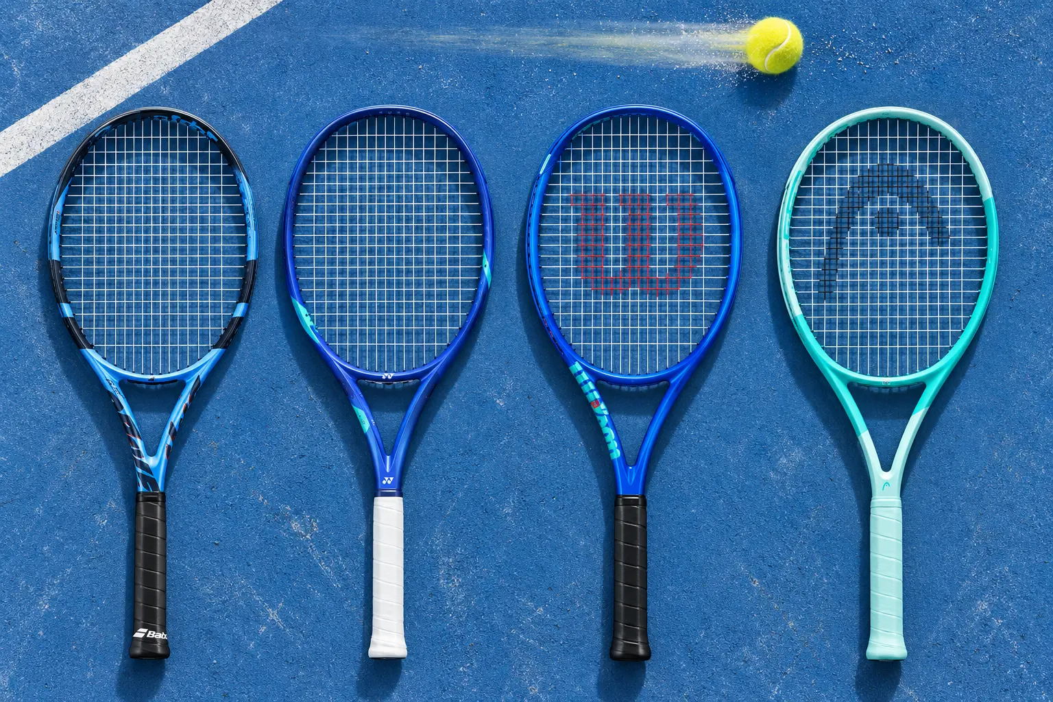 Babolat Pure Drive, Yonex Ezone, Wilson Ultra and Head Boom rackets lined up on a blue hard court with a ball in motion