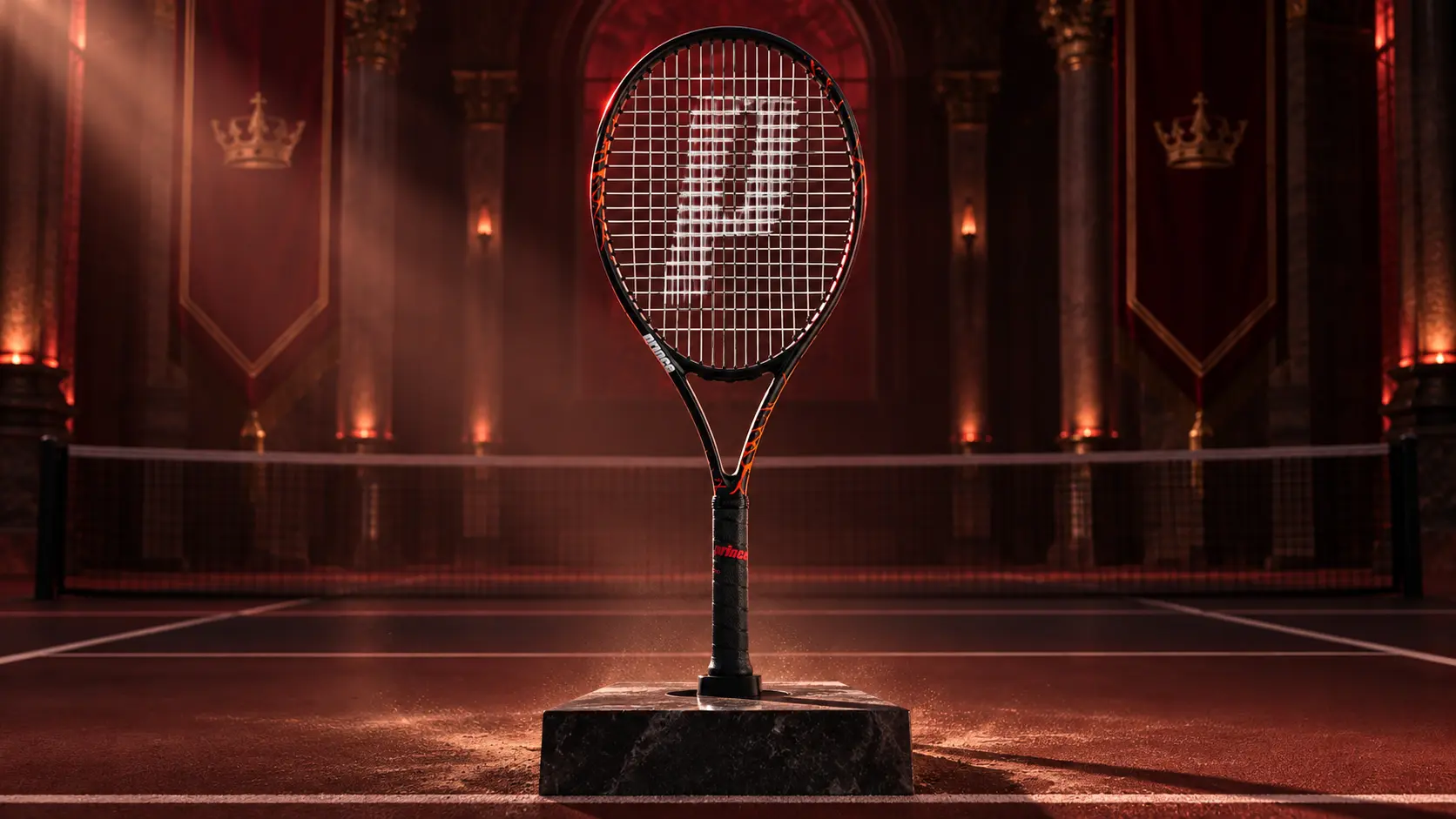 Black and red Prince Beast racket on a pedestal inside an indoor court, representing fast power and depth