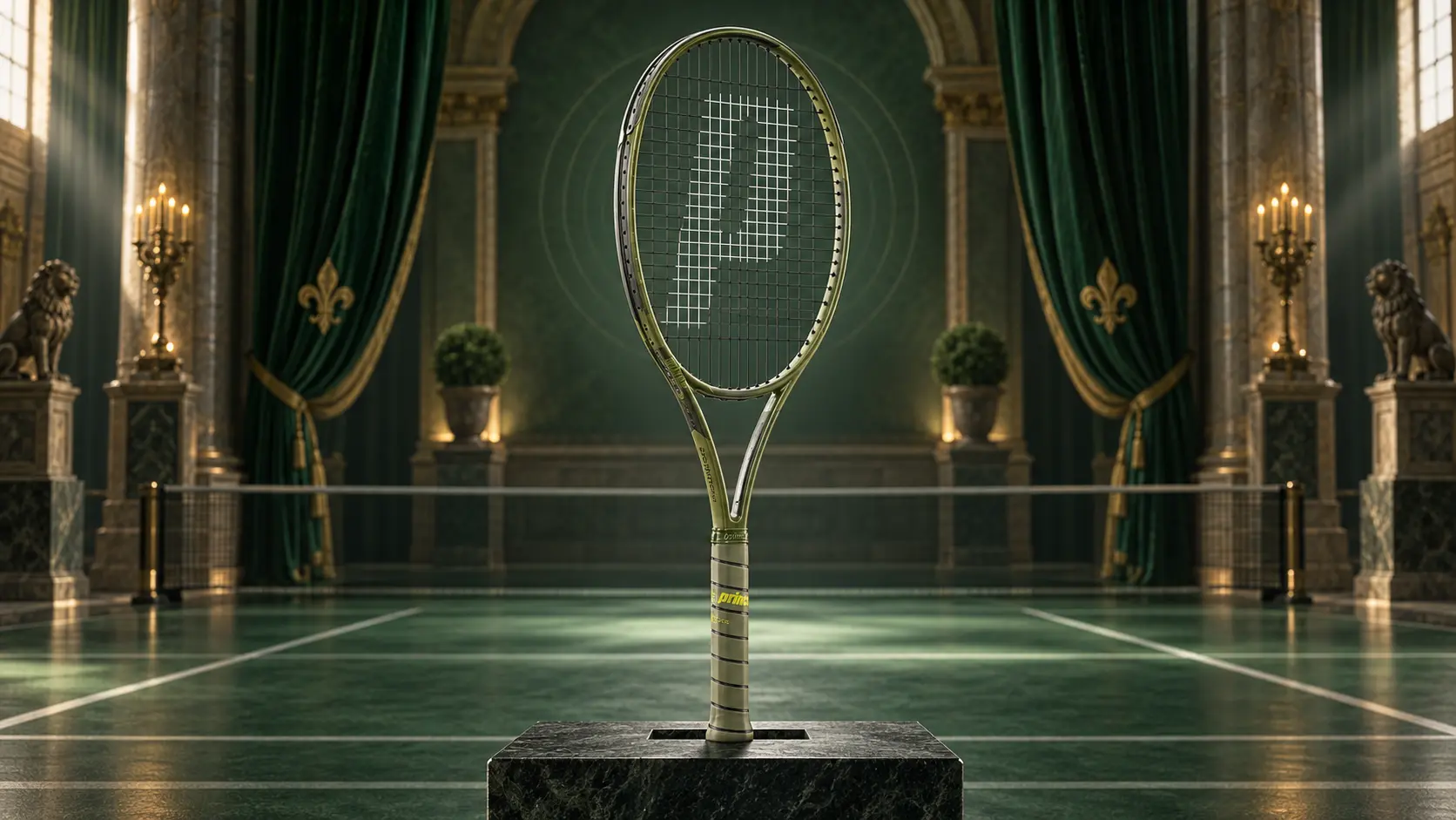 Thin-beamed Prince Phantom racket displayed on a green indoor court, representing control, flex and touch