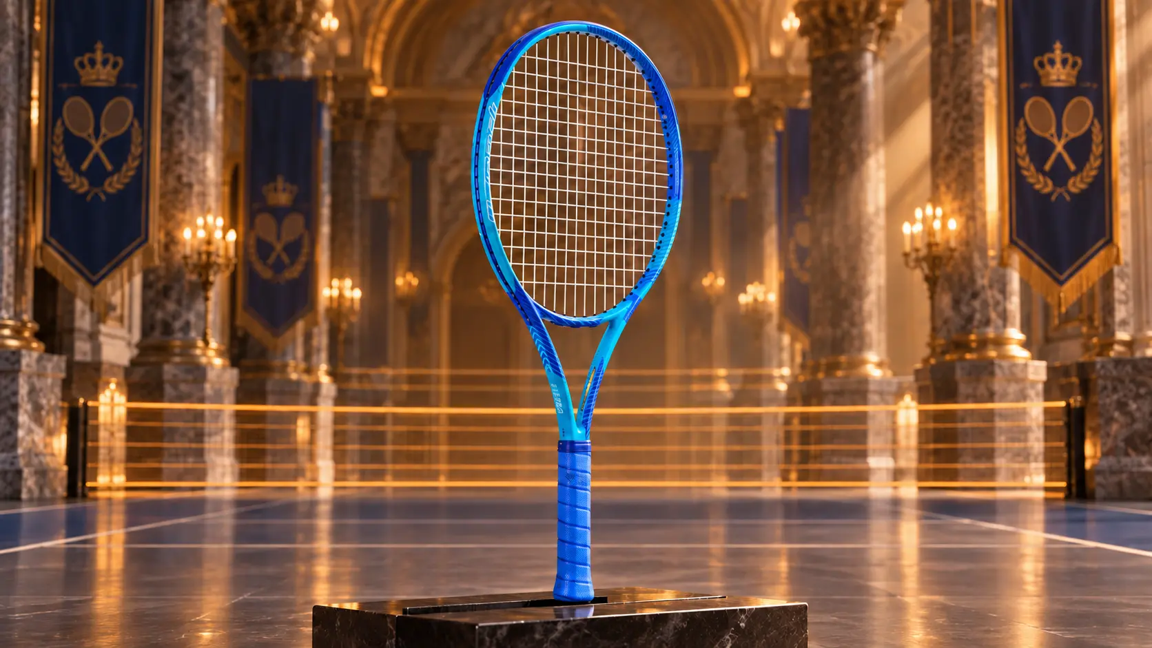 Blue Prince Ripcord racket displayed on an indoor court with its conventional grommets clearly visible