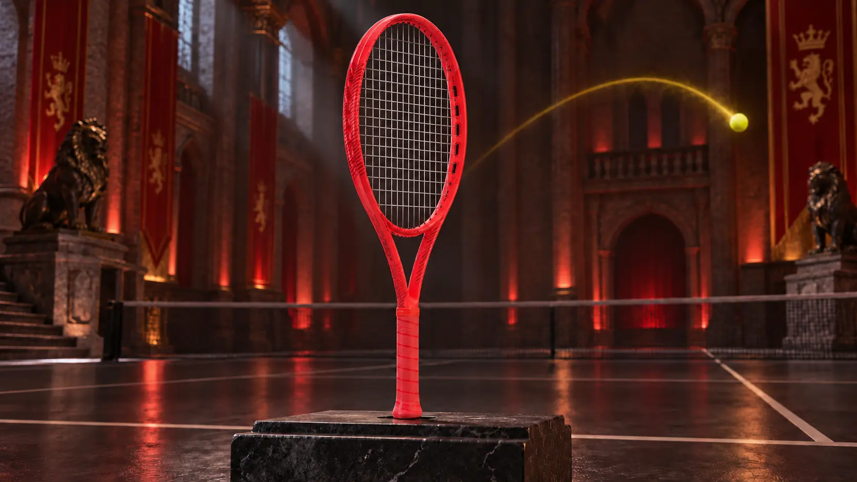 Red Prince Ripstick racket with O3 ports in front of a curved ball path representing power and spin