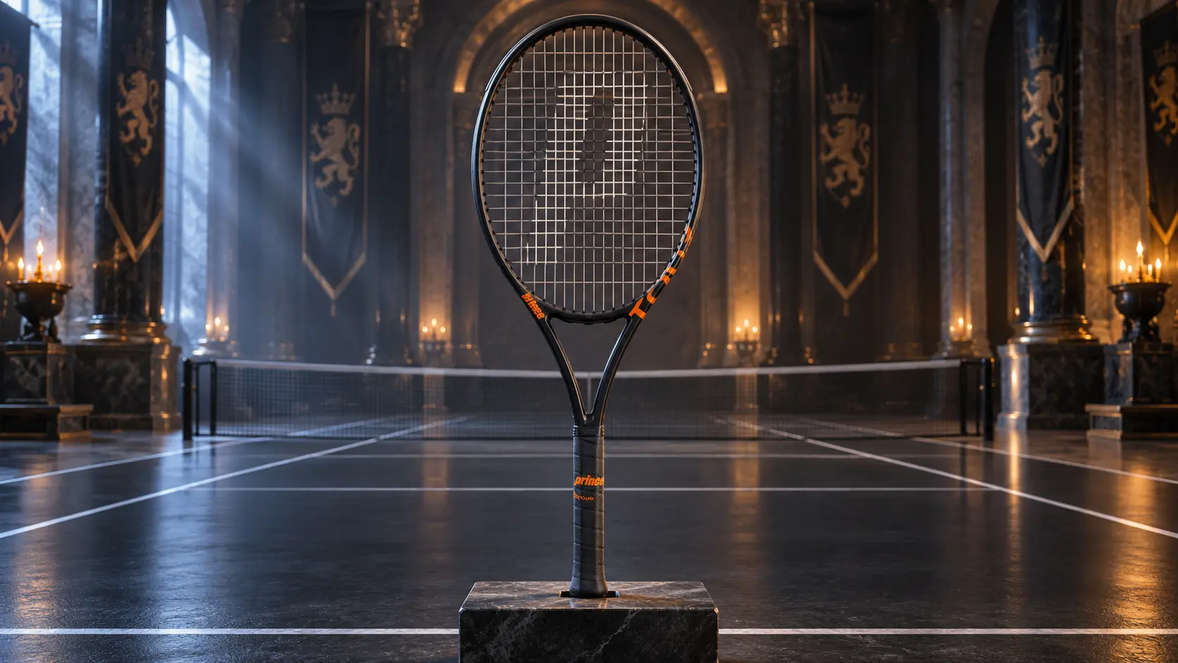 Prince Tour racket displayed on an indoor court, with cool and warm lighting representing its balance of control, spin and power