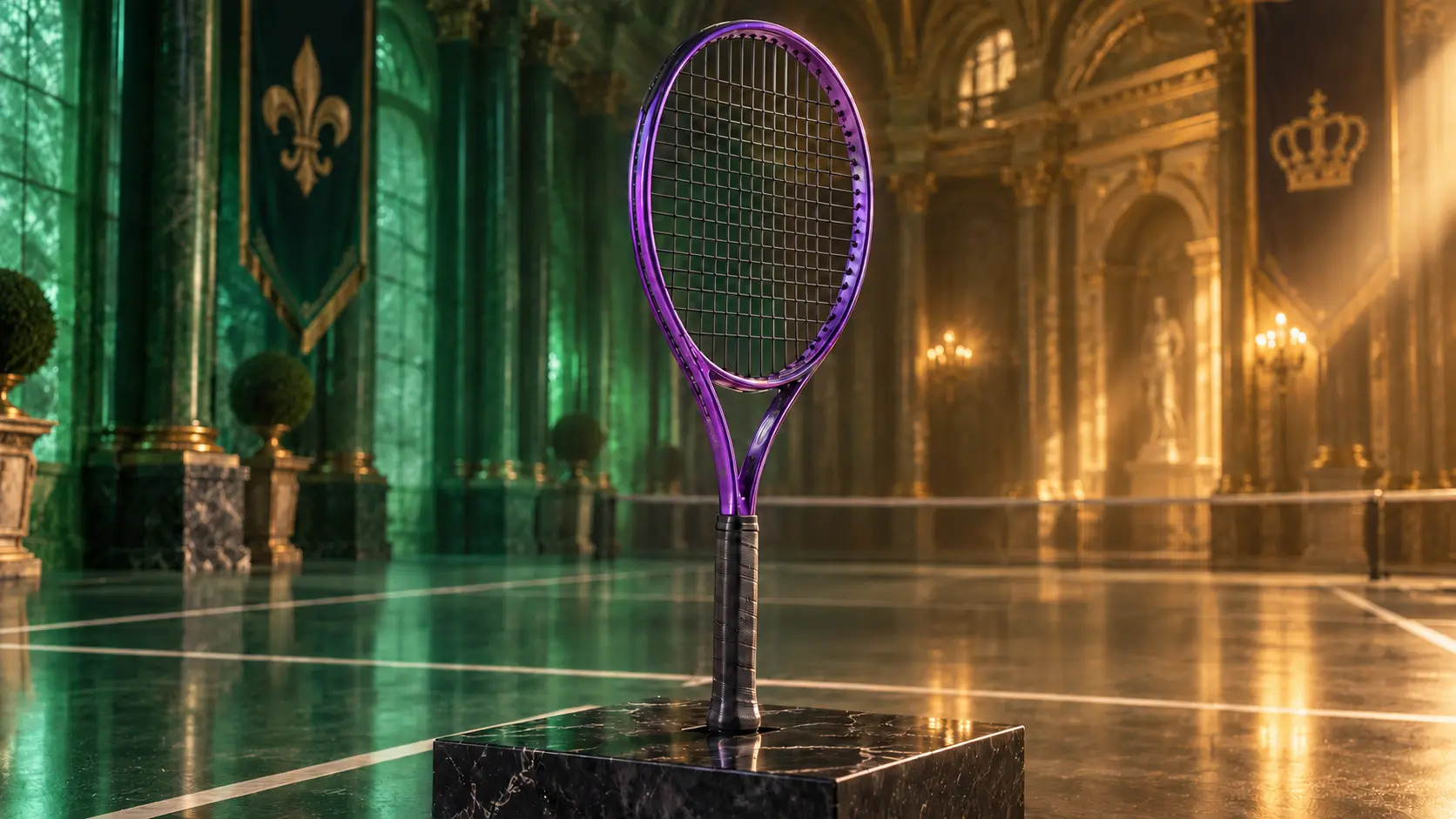 Purple Prince X racket displayed between two areas of light, highlighting its unusual asymmetric construction