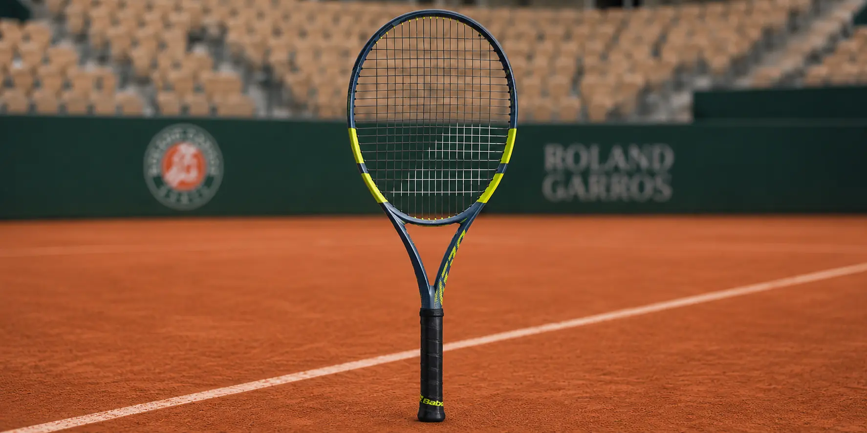 Raqueta Babolat Pure Aero sobre una cancha de tenis, representando la línea orientada a spin y margen