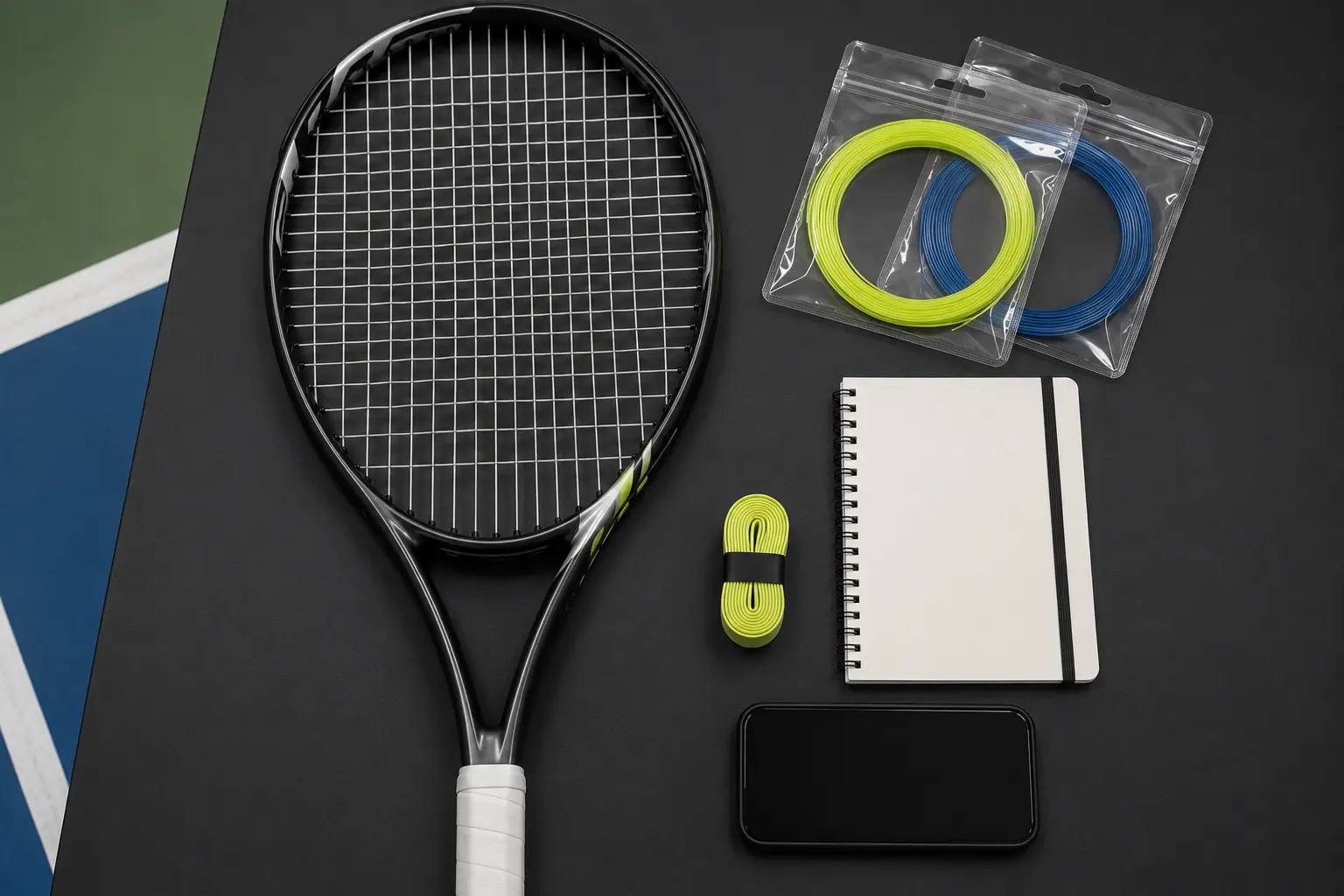 Raqueta de tenis junto a paquetes de cuerdas, libreta y teléfono para registrar cambios de encordado