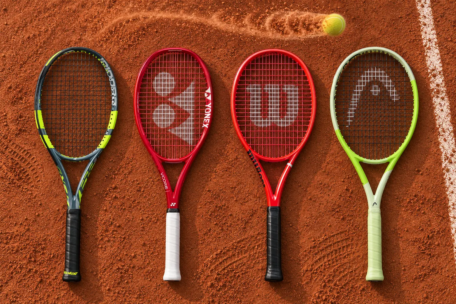 Babolat Pure Aero, Yonex VCore, Wilson Defyer and Head Extreme rackets lined up on a clay court beneath a curving ball trail