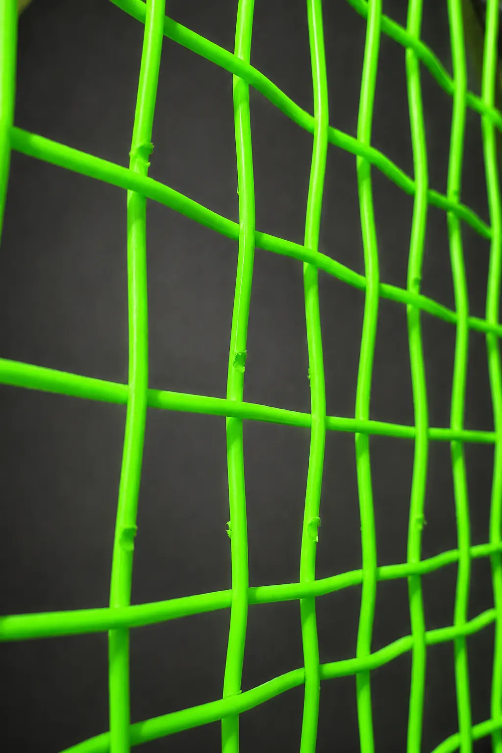 Macro de cuerdas de tenis verdes con marcas de desgaste en los cruces del encordado