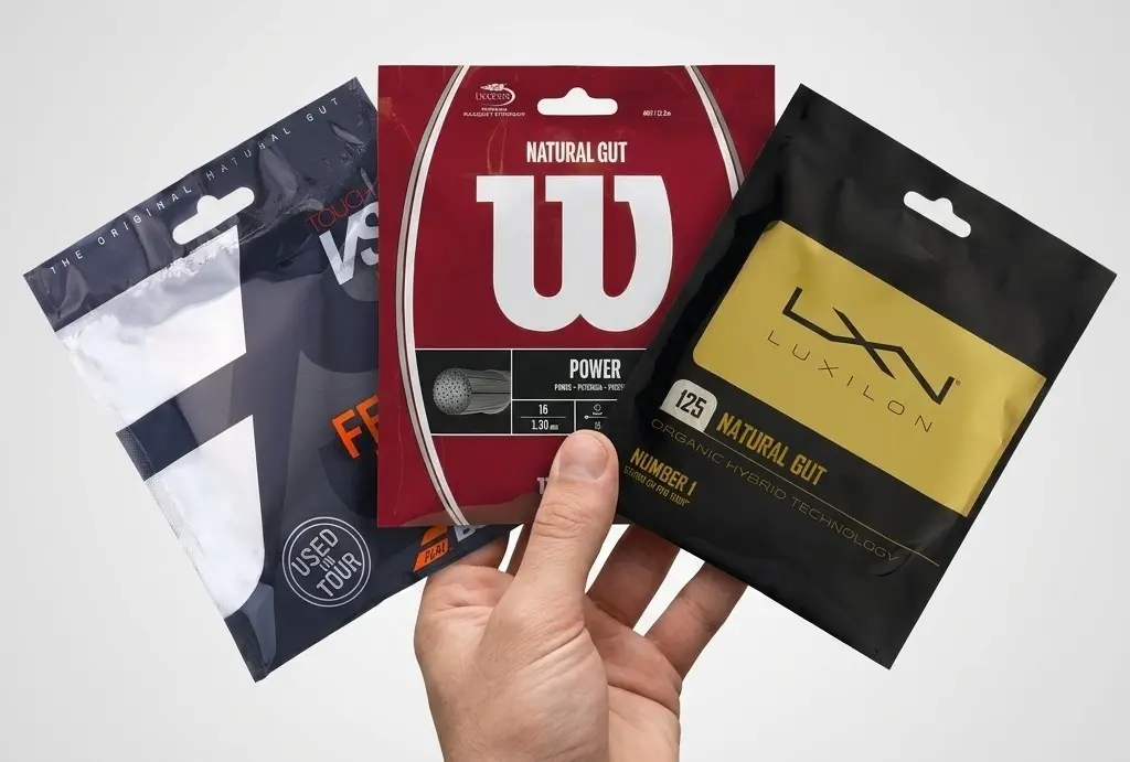 Una mano mostrando 3 paquetes de cuerdas de tripa natural