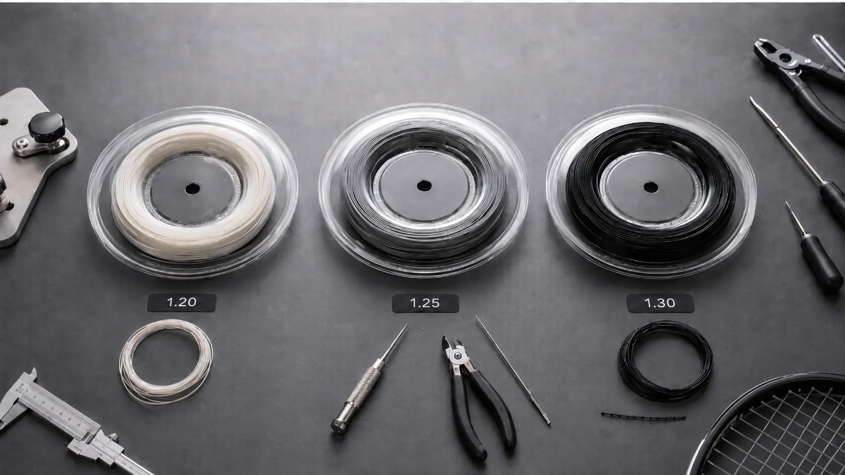 Tres reels de cuerdas de tenis comparando calibres 1.20, 1.25 y 1.30 mm sobre una mesa de encordado