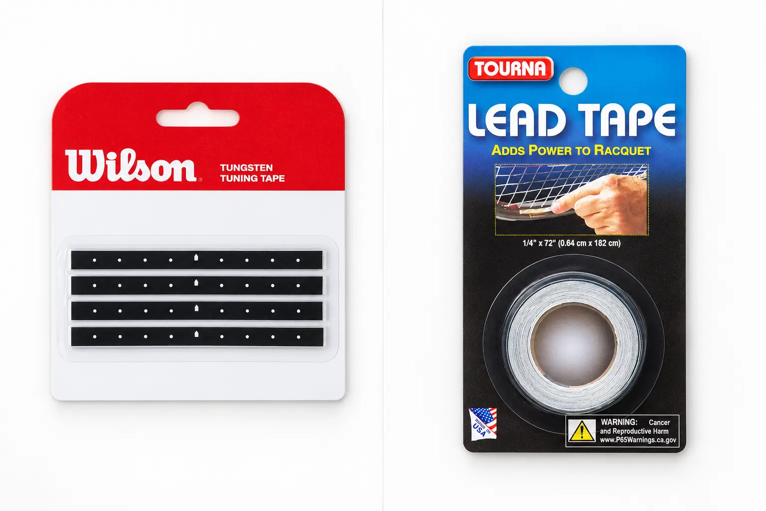 Side-by-side comparison of a package of black tungsten strips and a silver roll of lead tape