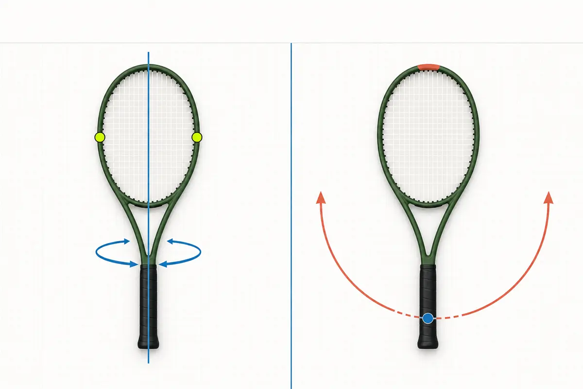 Diagrama comparativo de dos raquetas: twistweight con eje longitudinal y masa en 3 y 9, y swing weight con pivote en el mango y arco de giro