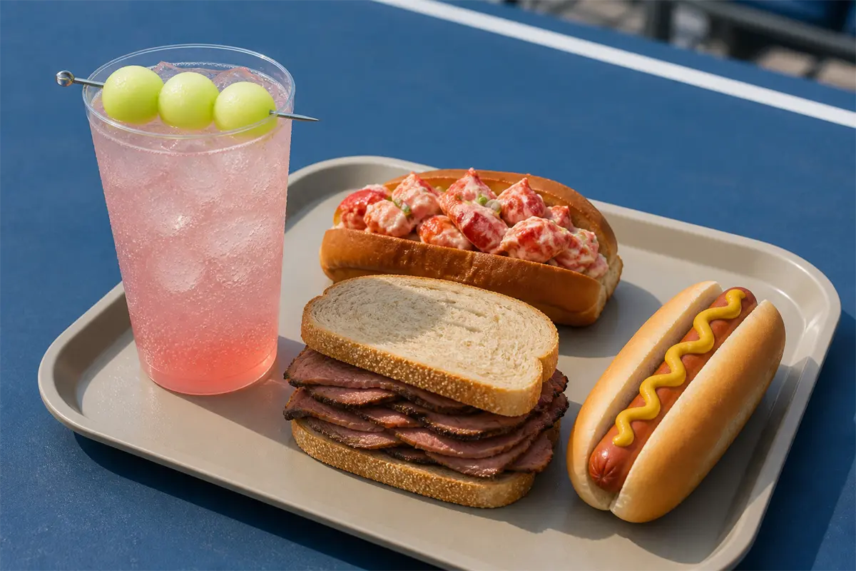 Bandeja con un Honey Deuce, lobster roll, sándwich de carne y hot dog sobre una mesa azul de tenis
