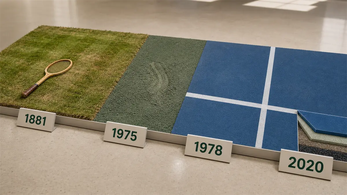 Instalación fotográfica con hierba, tierra verde y pista dura azul marcada con 1881, 1975, 1978 y 2020