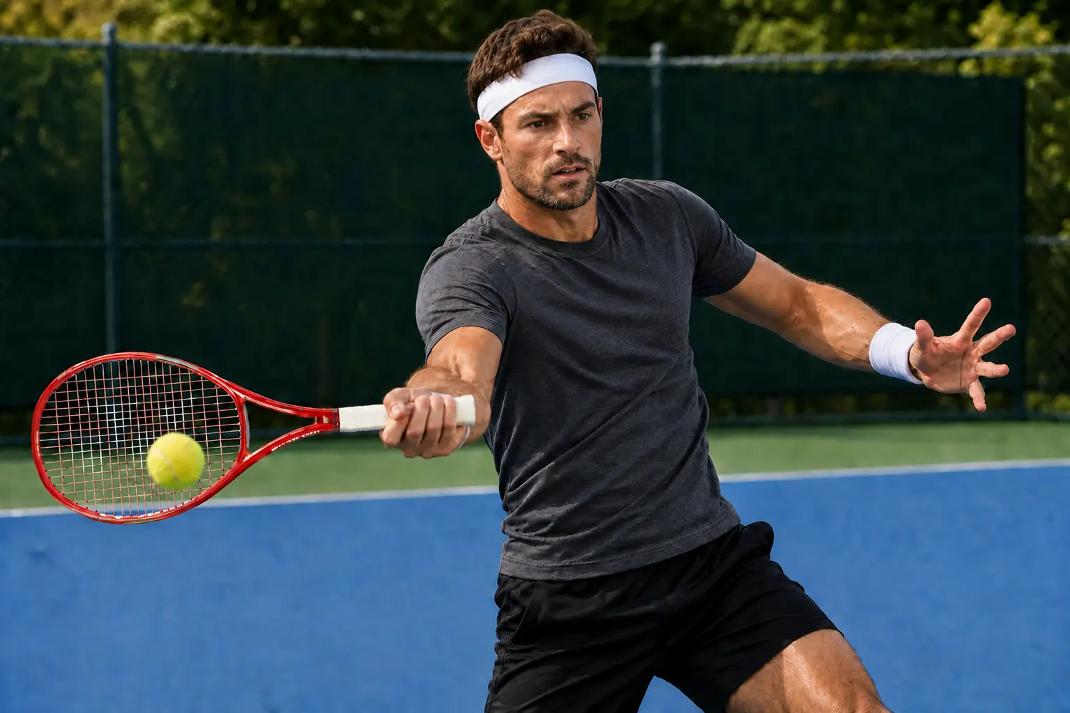 Jugador adulto golpea una derecha extendida con una Yonex VCORE roja en una pista de club con valla.