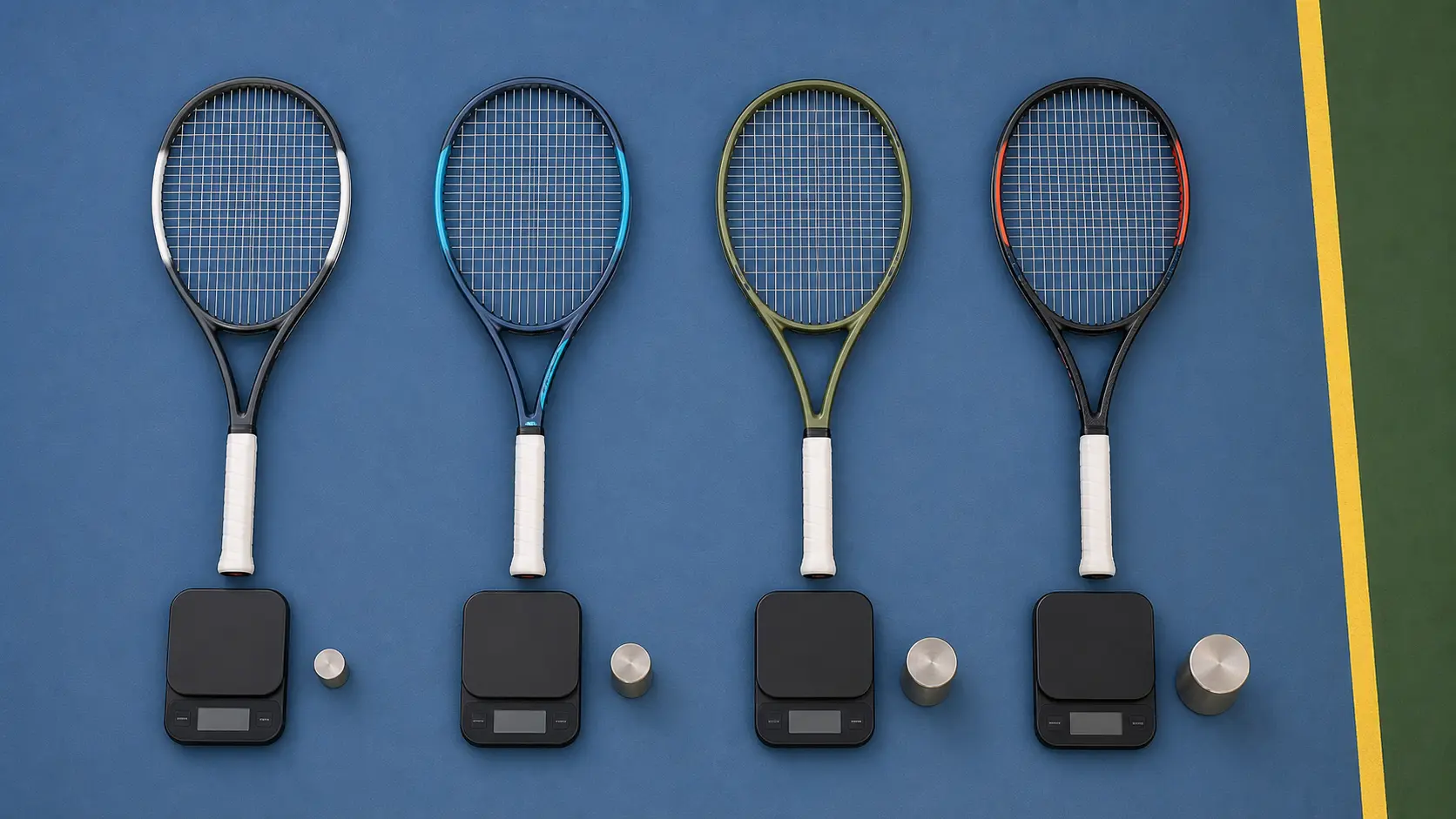 Cuatro raquetas de tenis con pesos de calibración y básculas, comparando rangos de peso estático