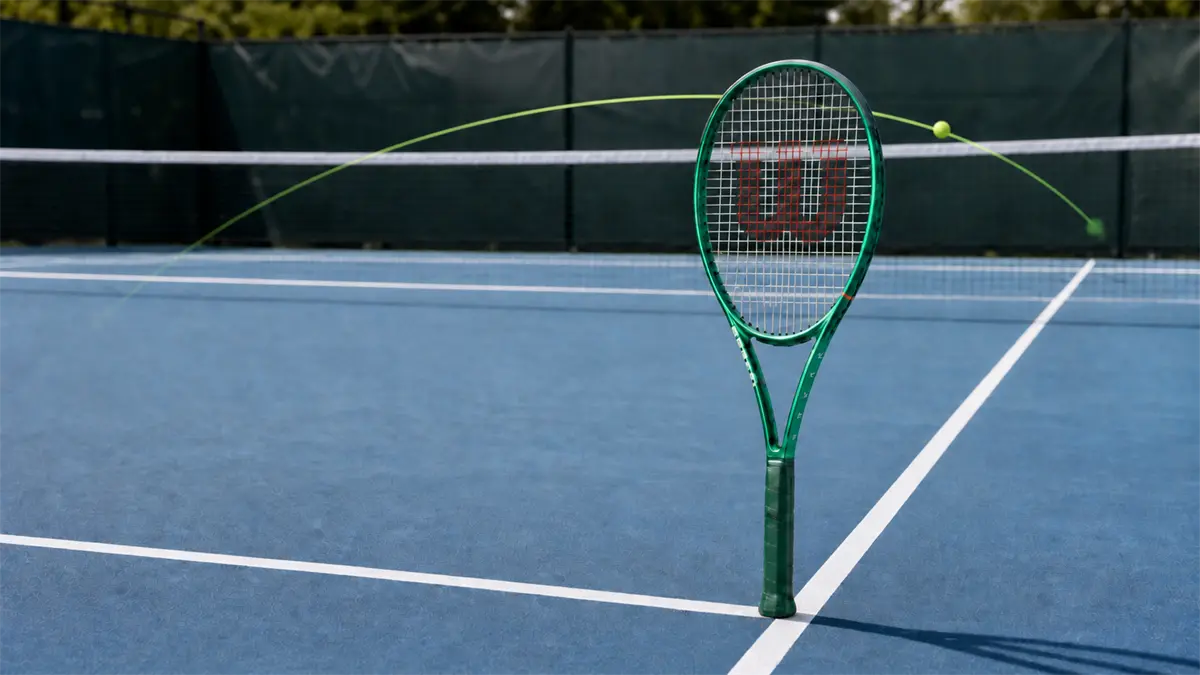 Raqueta Wilson Blade 98 V10 en primer plano con una trayectoria baja dirigida a una esquina del fondo de la pista