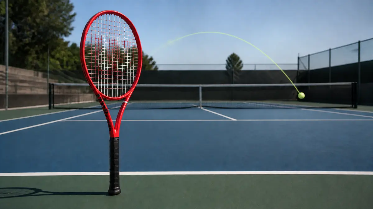 Raqueta Wilson Defyer 100 roja en primer plano con una trayectoria alta de topspin hacia el fondo de la pista