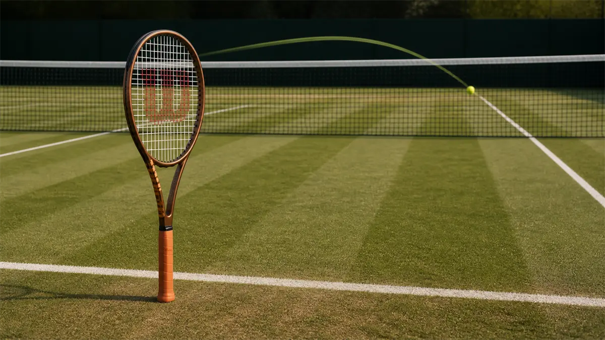 Raqueta Wilson Pro Staff de acabado bronce en una pista de césped con una trayectoria dirigida a la esquina del fondo