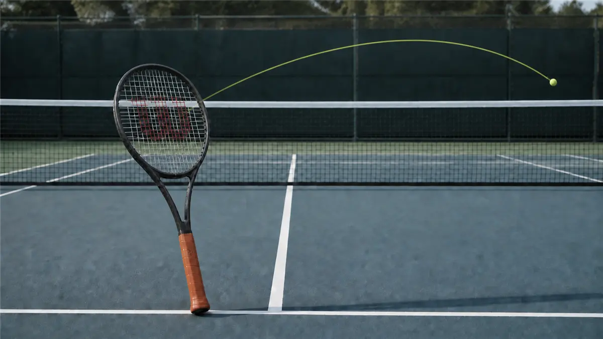 Raqueta Wilson RF 01 cerca de la línea de saque con una trayectoria que supera la red hacia el fondo de la pista